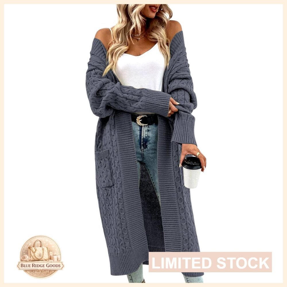 Long Cable Knit Cardigan Sweater with Pockets Open Front
